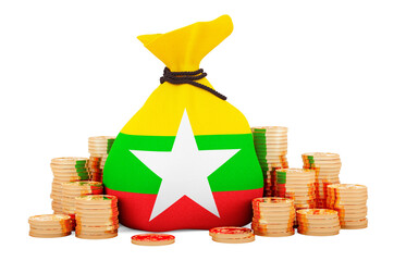 Wall Mural - Money bag with Myanmar flag and golden coins around, 3D rendering