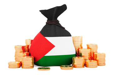 Wall Mural - Money bag with Palestinian flag and golden coins around, 3D rendering