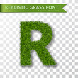 Grass letter R, alphabet 3D design. Capital letter text. Green font isolated white transparent background, shadow. Symbol eco nature environment, save the planet. Realistic meadow Vector illustration