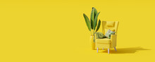 Creative Interior Design On Yellow Background With Yellow Armchair And Green Plant. Minimal Color Concept. 3d Render 3d Illustration