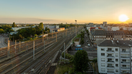 Wall Mural - Sunrise and railway in Strasbourg in France on July 2022