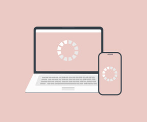 Poster - File sharing between devices logo design. Computers and phone syncing folder and files. Cross-device syncing, tracking, cross-browser compatibility metaphors vector design and illustration.
