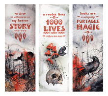 Bookmark For Horror Book With Magic Fantasy Illustration, Dark Magical Forest And Ravens, Mushrooms. Dead Skull. Ready To Print Bookmark Template With Motivation Text.