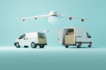 Poster - Two commercial delivery white vans with cardboard boxes with airplane over them on blue background. Delivery order service company transportation box with vans truck. 3d rendering, 3d illustration.