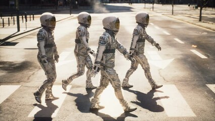 Wall Mural - A group of astronauts cross the road at a crosswalk in a metropolis. The astronauts are walking in a city. The concept of walking astronauts. The animation is perfect for space and sci-fi backgrounds.