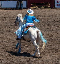 A Rodeo Cowgirl Is Part Of A Drill Team. She Is Wearing Blue Fancy Clothes And Has A White Hat. The Horse Is White With Fancy Sequences On Its Back. The Arena Is Dirt.