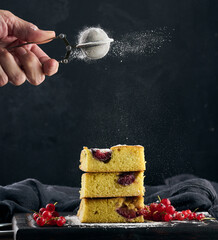 Canvas Print - Stack of square slices of baked plum biscuit cake.