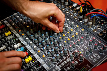 Wall Mural - Hand of a sound engineer on sound console mixer. Equalizer control