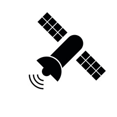 Sticker - Black telecommunication satellite symbol. Vector illustration isolated on white background.