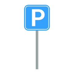 blue parking sign with pole. traffic sign vector illustration