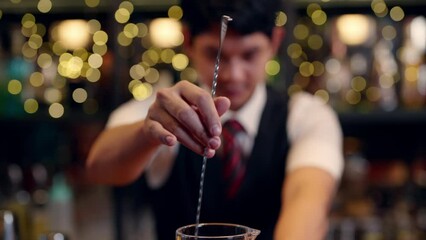 Poster - 4K Professional male bartender preparing and serving cocktail drink to customer on bar counter at luxury nightclub. Barman making mixed alcoholic drink for celebrating holiday party at restaurant bar.