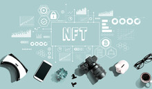 NFT Theme With Electronic Gadgets And Office Supplies - Flat Lay
