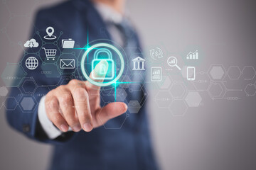 Poster - Data security and privacy ideas. Internet network security technologies and the lock symbol. Businessman uses virtual screen interfaces to secure sensitive data.