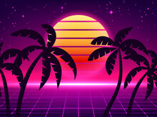 Retro 80s Background. Neon Sun Wave. Sunset And Music Space. Vintage Poster With California Beach Sky And Palms. Flyer For Club. Purple Sundown. Summer Seascape. Vector Abstract Banner