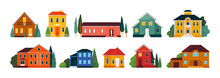 Flat Home Buildings. Modern Neighborhood Village. New Cabin Residential Or Household Group. Town Landscape Elements Set. Isolated Country Houses With Roofs And Windows. Vector Design Icon