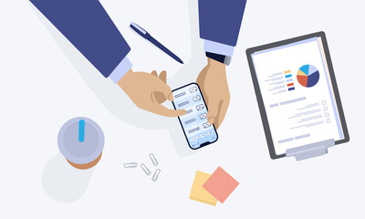 Poster - Table top view. Employee workspace. Cartoon man characters working with laptop or tablet. Male hands on desk with drink glass and stationery. Smartphone in arms. Vector office workplace