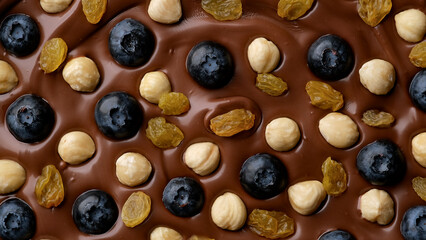 Wall Mural - Chocolate with hazelnuts, blueberry, raisin top view. Confectionery concept