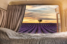 View From The Inside Of A Campervan Adapted The Lavender Fields In Provence, France At At Sunset - Freedom Concept - Digital Nomad Life