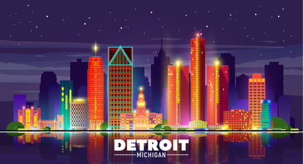 Wall Mural - Detroit, Michigan (USA) night city skyline vector illustration on sky background. Business travel and tourism concept with old and modern buildings. Image for presentation, banner, web site.