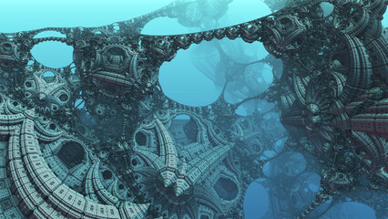 Abstract background, fantastic blue metal structures, ancient civilization fictional background, 3D render illustration.