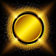 Gold shiny button with glitter on black background, glowing golden sparkling dust vector illustration.
