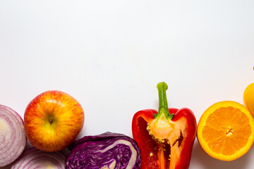 Wall Mural - Colorful various healthy ripe vegetable flatlay on white background