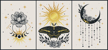 Set Of Esoteric Alchemy Mystical Magic Posters. Crescent, Sun, Stars, Floral Elements, Moth. Spiritual Talisman, Occultism Objects. Vector Illustration, Golden Colors