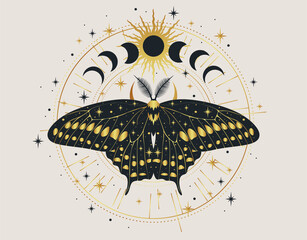 Wall Mural - mystic gold moth isolated vector illustration. magic moon, occult, print, poster.