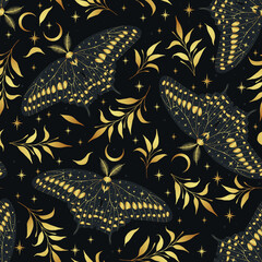 Wall Mural - Vector seamless pattern with gold moon moth and stars. Contemporary composition. Trendy texture for print, textile, packaging.