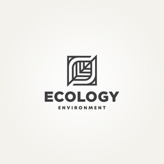 Wall Mural - minimalist ecology leaf geometry line art icon logo template vector illustration design. simple agriculture, environment, and industry logo concept