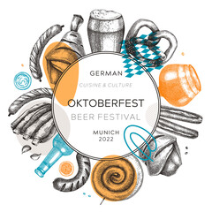 Oktoberfest wreath in collage style. German food and drinks menu design. Meat dishes sketches. German cuisine vintage frame. Traditional beer festival sketched illustration. Oktoberfest party banner