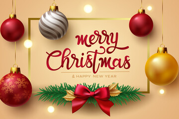 Wall Mural - Merry christmas vector background design. Merry christmas greeting text with ribbon and hanging xmas balls for holiday season. Vector illustration.
