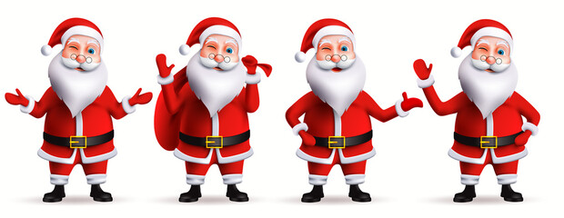 Poster - Santa claus christmas characters vector set. Santa claus in 3d realistic characters in friendly facial expression isolated in white background for xmas collection design. Vector illustration.
