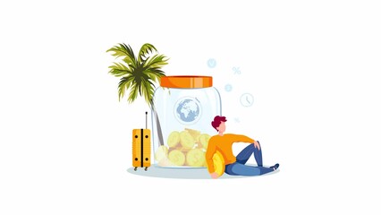 Wall Mural - Jar with coins and man saving money for a travel. Money saving or accumulating, Financial services, deposit concept. Animation video.