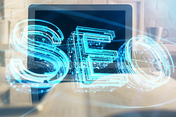 Aufkleber - Multi exposure of table with computer and seo drawing hologram. Search optimization concept.