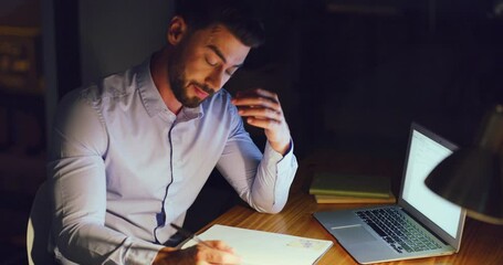 Aufkleber - Stressed business man working late on a laptop in an office at night. Young worried entrepreneur feeling tired while struggling with burnout, eye strain and a headache from deadlines and pressure