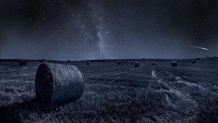 Wall Mural - milky way and field with hays at night, timelapse