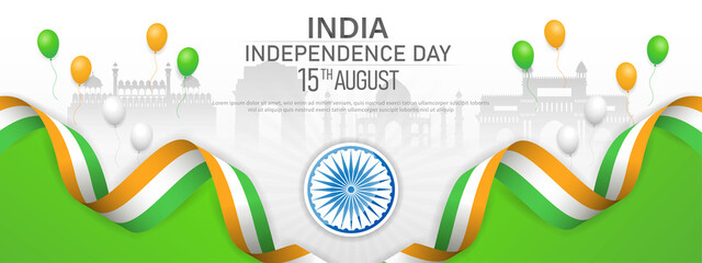 15 th August Indian Independence Day banner template design with Indian flag, Ashoka Chakra and silhouette of Indian monument. vector illustration .