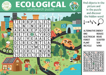 Wall Mural - Vector ecological wordsearch puzzle for kids. Earth day word search quiz with eco city landscape. Eco awareness educational activity. Cross word with environment friendly scene.