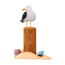 A Seagull Sits On The Wooden Log, Sand With A Seashells. Vector Illustration, Cartoon Nautical Style, Vacation, Travel Concept.