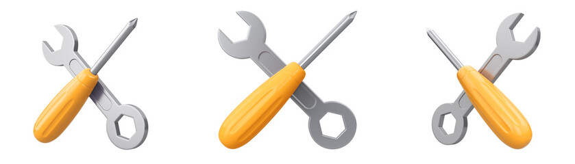 Wrench and screwdriver icon set isolated on white background. 3d render illustration.