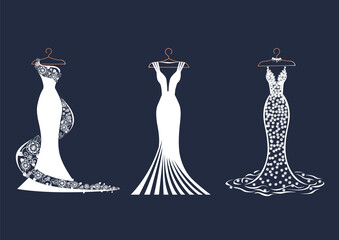 Wall Mural - Vector set of lacy wedding dresses on a hanger. Silhouette of a beautiful female outfit. For designing a flyer, poster or advertising in social networks.