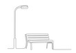 Continuous line drawing of Bench and lantern in park. Line art style. One line minimalism style drawing. Wooden outdoor furniture for relax. Single line illustration. Handdraw doodle vector