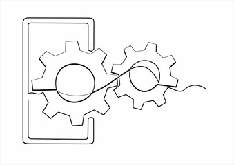 Wall Mural - continuous one single line drawing of Smartphone and gears, Adjusting app options, maintenance, repair, fixing monitor.