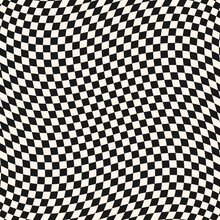 Checkered Black And White Seamless Pattern With Optical Illusion Effect. Simple Abstract Vector Monochrome Background. Modern Distorted Texture. Op Art Style. Funky Repeat Design For Decor, Print