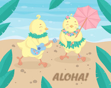 Funny Little Chickens Are Dancing In Hawaii. Leaf Beads. Playing Guitar. Under An Umbrella. Boy And Girl. Vector Illustration