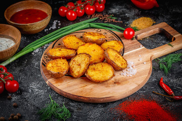 Sticker - Grilled potatoes served on a wooden board, on a dark stone table with vegetables, cream and tomato sauce. Vegan Cuisine. Fast food restaurant, delivery service.