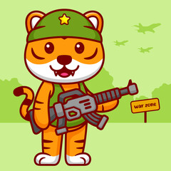 Wall Mural - Cute Tiger Soldier Holding Weapon in Cartoon. Animal Vector Illustration. Flat Style Concept.