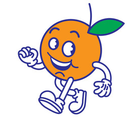 retro cartoon character with a body of an orange fruit. Juice, food mascot. Vintage rubberhose comic style design. 