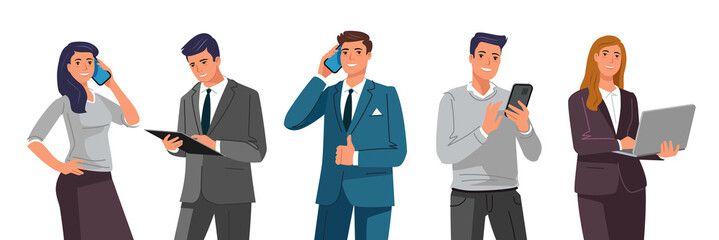 Business people with gadgets concept. Men and women holding smartphone, tablet and laptop for technology or internet communication